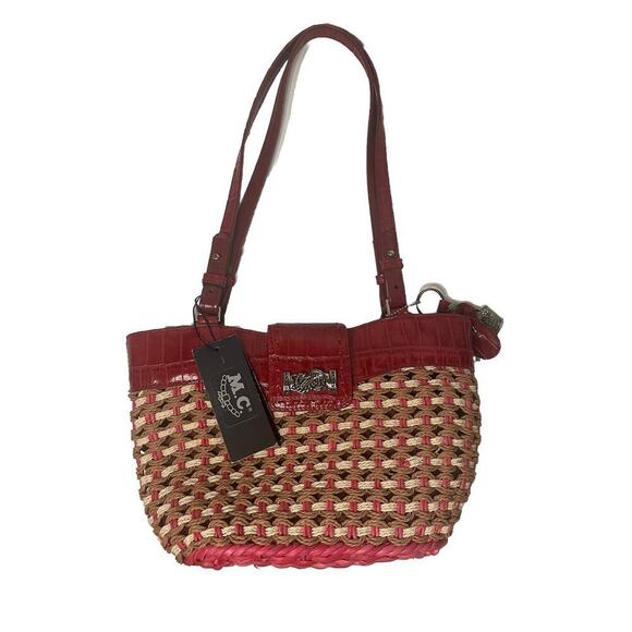 "M.C. Marc Chantal Red Straw & Leather Shoulder Bag Silver Tone Hardware NWT - Picture 2 of 16